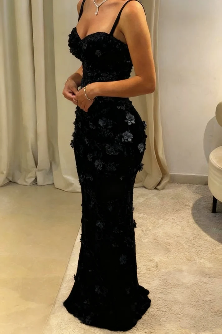 Gorgeous Mermaid Spaghetti Straps Satin Applique Long Prom Dress,Prom Dresses