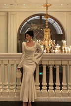 Gorgeous Mermaid Square Neckline Long Sleeves Date Night Dress White Prom Dresses Birthday Outfits