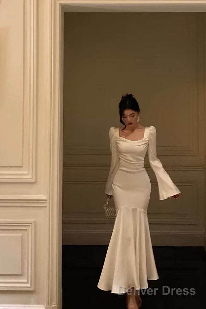 Gorgeous Mermaid Square Neckline Long Sleeves Date Night Dress White Prom Dresses Birthday Outfits