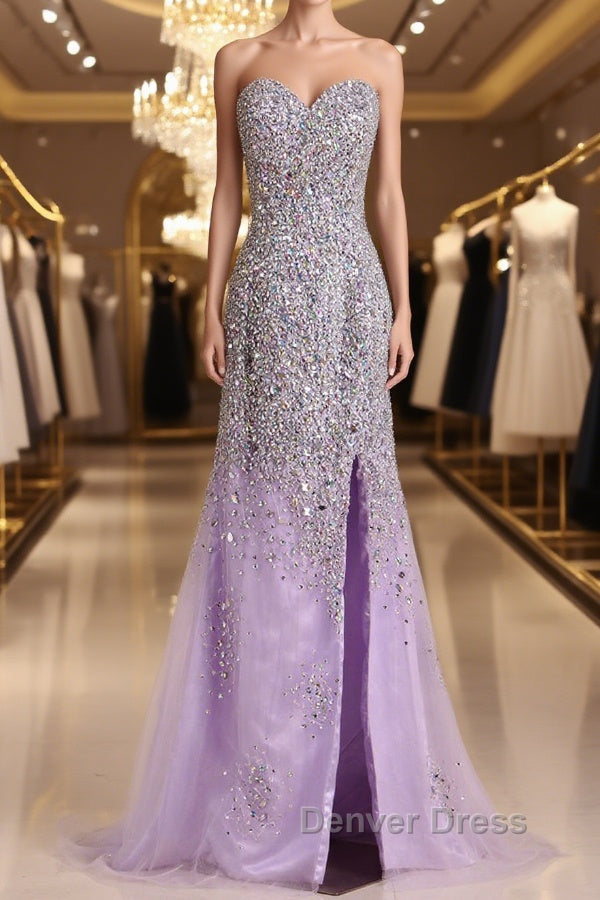 Gorgeous Mermaid Strapless Purple Beaded Long Prom Dress, Mermaid Purple Beaded Prom Dresses, Purple Ball Gowns Main image