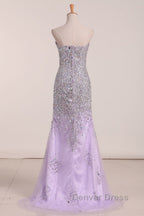 Gorgeous Mermaid Strapless Purple Beaded Long Prom Dress, Mermaid Purple Beaded Prom Dresses, Purple Ball Gowns
