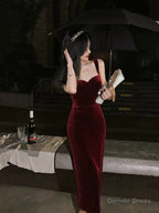 Gorgeous Mermaid Straps Burgundy Velvet Prom Dress Birthday Outfits