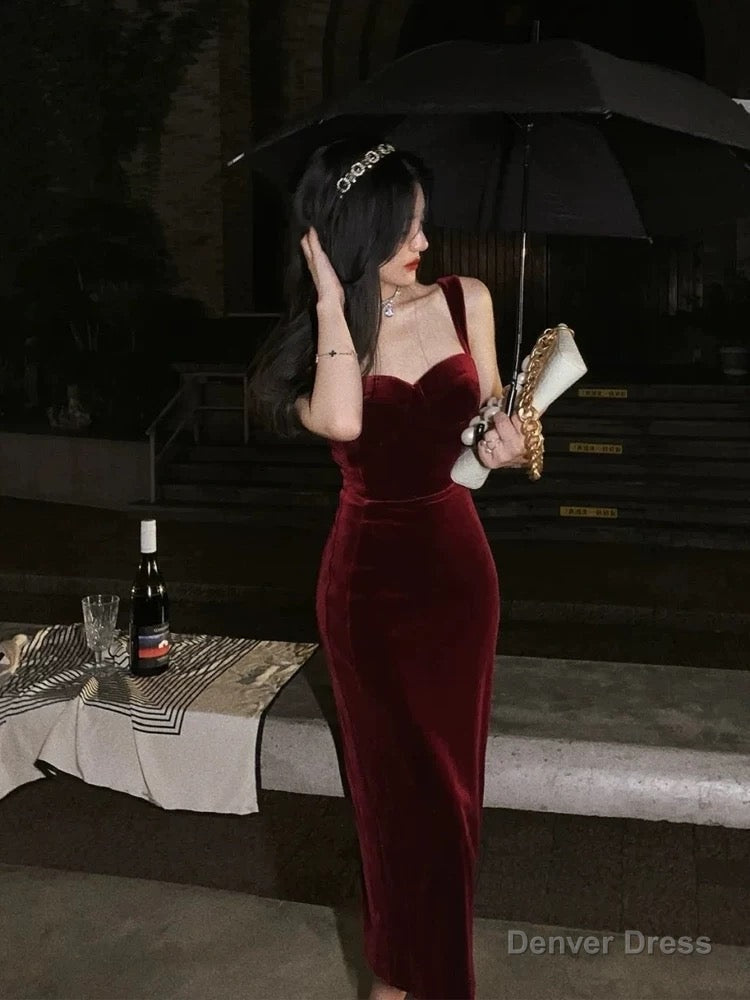 Gorgeous Mermaid Straps Burgundy Velvet Prom Dress Birthday Outfits
