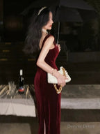 Gorgeous Mermaid Straps Burgundy Velvet Prom Dress Birthday Outfits