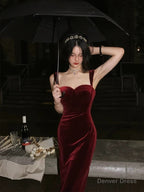 Gorgeous Mermaid Straps Burgundy Velvet Prom Dress Birthday Outfits