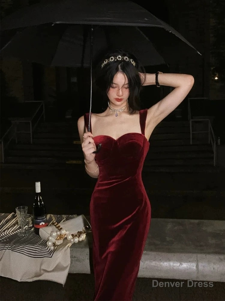 Gorgeous Mermaid Straps Burgundy Velvet Prom Dress Birthday Outfits