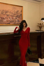 Gorgeous Mermaid V Neckline Long Sleeves Red Date Night Dress Prom Dresses Birthday Outfit