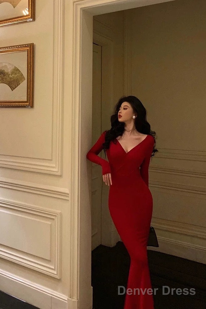 Gorgeous Mermaid V Neckline Long Sleeves Red Date Night Dress Prom Dresses Birthday Outfit