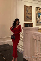 Gorgeous Mermaid V Neckline Long Sleeves Red Date Night Dress Prom Dresses Birthday Outfit