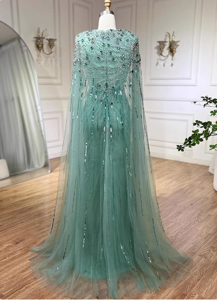 Gorgeous Mint Green Deep V Cape Beaded Sequin Tulle Long Prom Dresses Evening Dresses Secondary image
