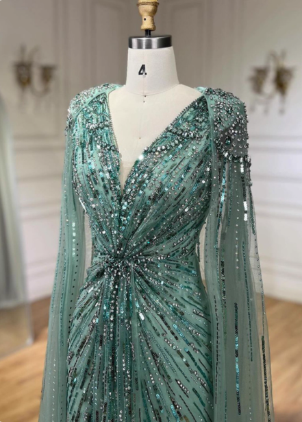 Gorgeous Mint Green Deep V Cape Beaded Sequin Tulle Long Prom Dresses Evening Dresses