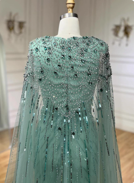 Gorgeous Mint Green Deep V Cape Beaded Sequin Tulle Long Prom Dresses Evening Dresses