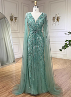 Gorgeous Mint Green Deep V Cape Beaded Sequin Tulle Long Prom Dresses Evening Dresses