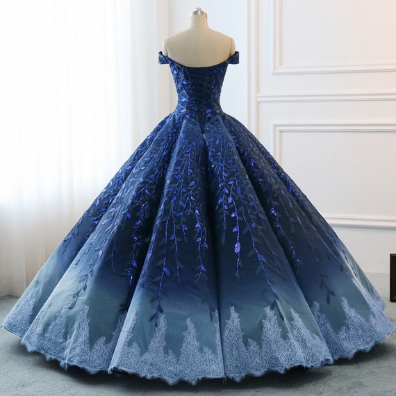 Gorgeous Navy Blue Lace Applique Off Shoulder A-line Ball Gown-Lace-Up Princess Prom Dresses