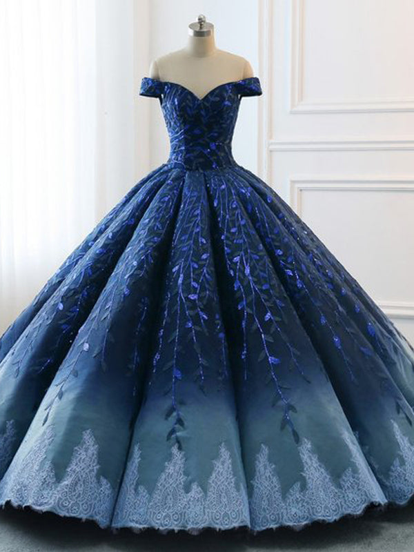 Gorgeous Navy Blue Lace Applique Off Shoulder A-line Ball Gown-Lace-Up Princess Prom Dresses Main image
