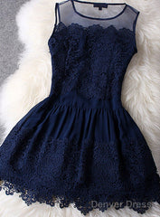 Gorgeous Navy Blue Lace Dresses, Hollow Out Homecoming Dresses For Teen