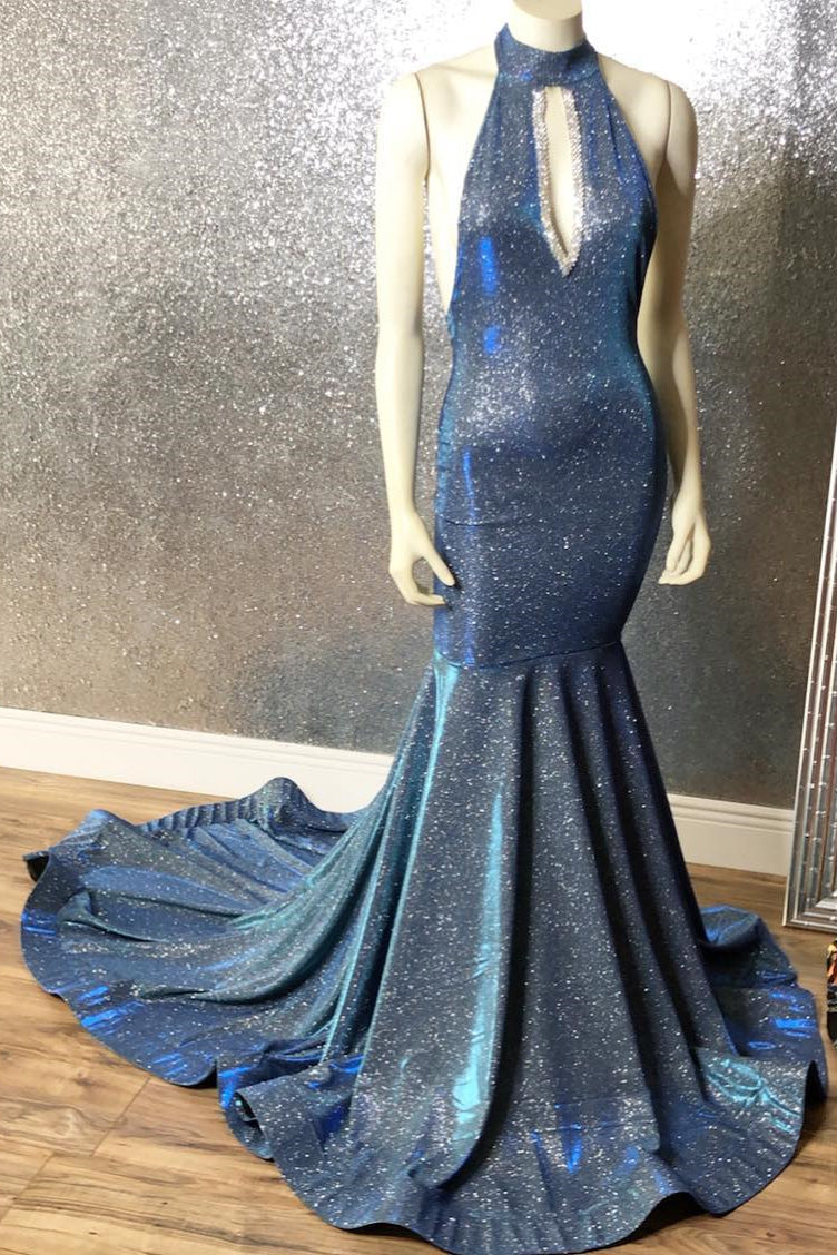 Gorgeous Navy Blue Long Mermaid V-Neck Prom Dress Spaghetti-Straps Main image