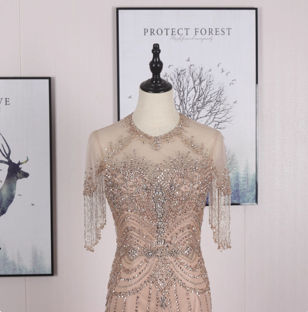 Gorgeous Nude Pink Mermaid Crew Neck Fringed Sleeve Beaded Tulle Train Prom Dresses Evening Dresses Secondary image