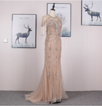Gorgeous Nude Pink Mermaid Crew Neck Fringed Sleeve Beaded Tulle Train Prom Dresses Evening Dresses