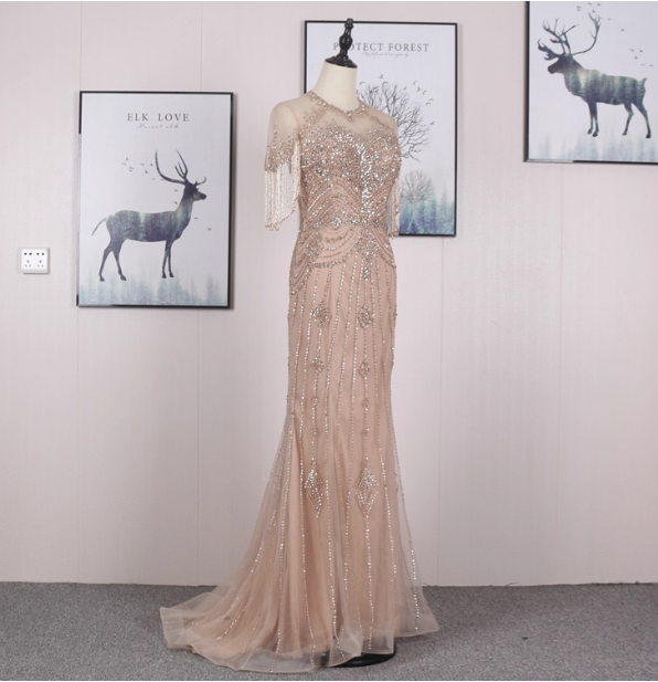 Gorgeous Nude Pink Mermaid Crew Neck Fringed Sleeve Beaded Tulle Train Prom Dresses Evening Dresses