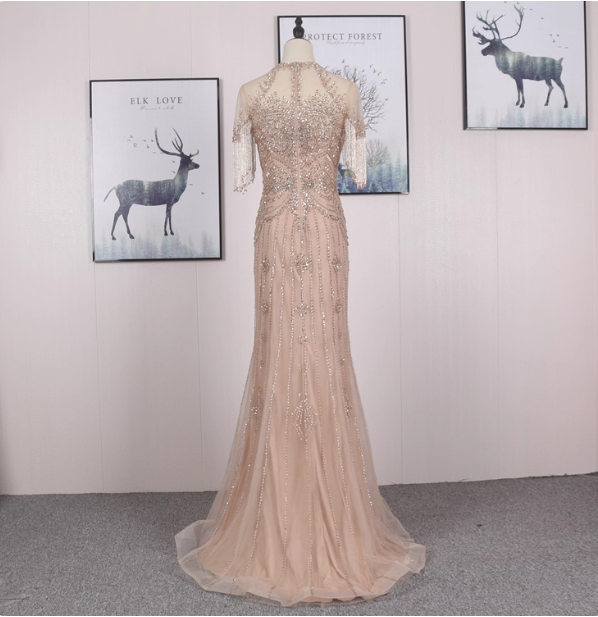 Gorgeous Nude Pink Mermaid Crew Neck Fringed Sleeve Beaded Tulle Train Prom Dresses Evening Dresses