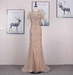 Gorgeous Nude Pink Mermaid Crew Neck Fringed Sleeve Beaded Tulle Train Prom Dresses Evening Dresses