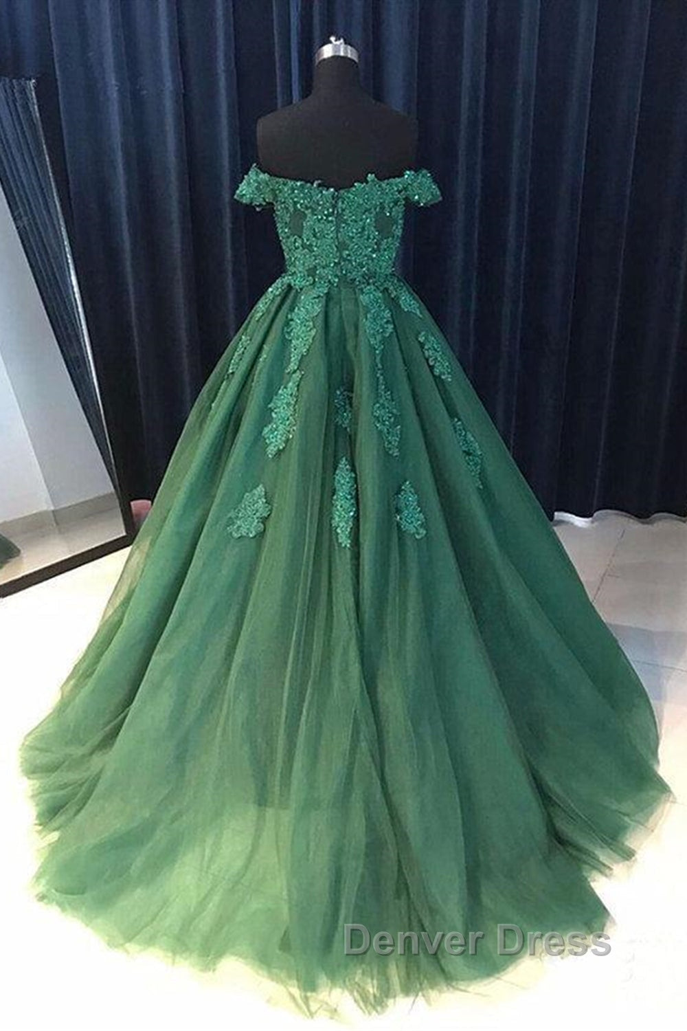 Gorgeous Off Shoulder Green Lace Long Prom Dress, Green Lace Prom Dresses, Green Ball Gowns