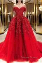 Gorgeous Off Shoulder Red Lace Long Prom Dress, Red Lace Prom Dresses, Red Ball Gowns