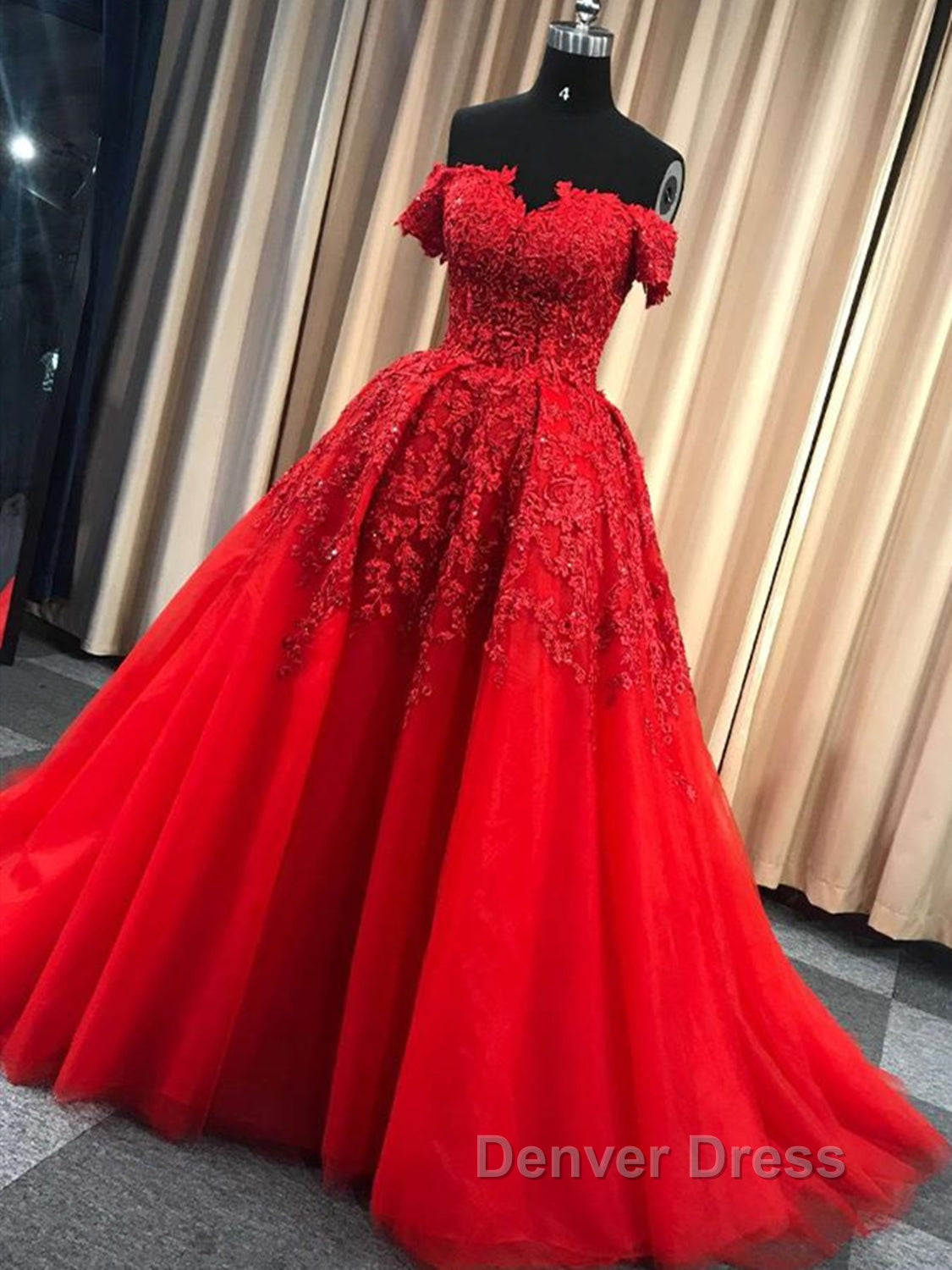 Gorgeous Off Shoulder Red Lace Long Prom Dress, Red Lace Prom Dresses, Red Ball Gowns Secondary image