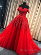 Gorgeous Off Shoulder Red Lace Long Prom Dress, Red Lace Prom Dresses, Red Ball Gowns