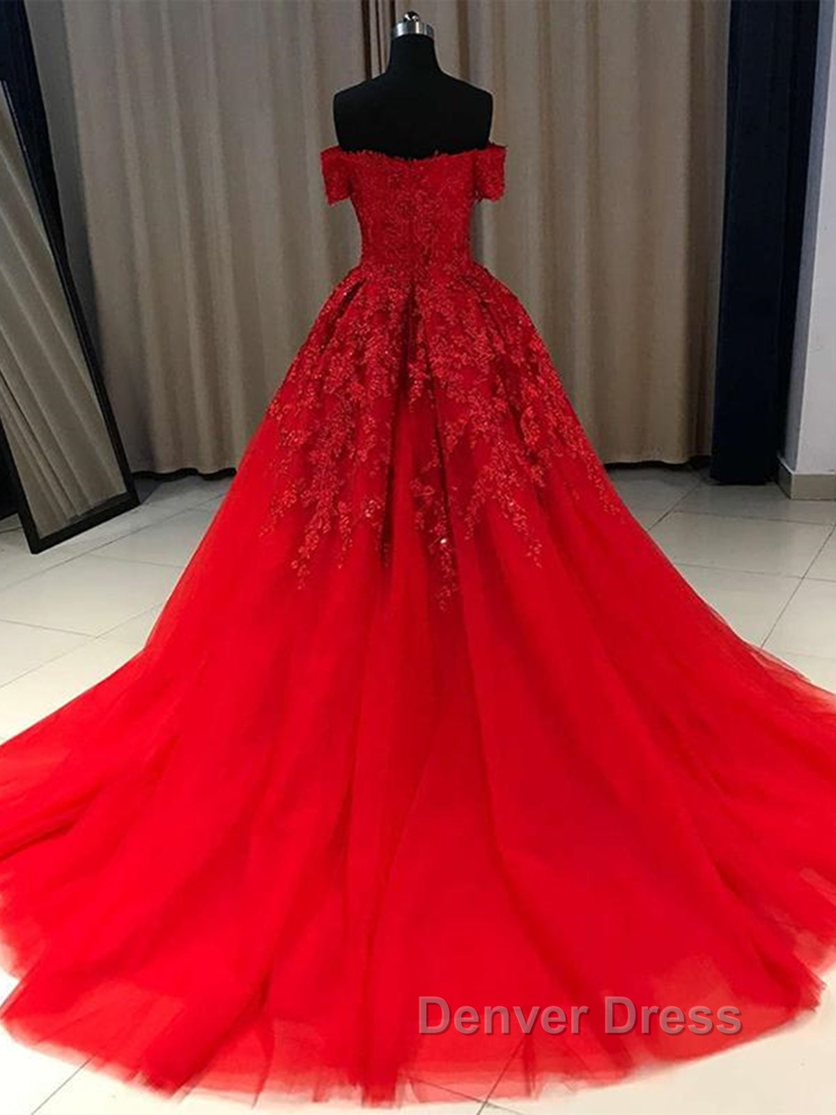 Gorgeous Off Shoulder Red Lace Long Prom Dress, Red Lace Prom Dresses, Red Ball Gowns