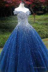 Gorgeous Off Shoulder Sequins Blue Long Prom Dress, Shiny Sequins Blue Formal Evening Dress, Blue Ball Gown