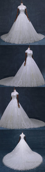 Gorgeous Off Shoulder Short Sleeve Lace Appliques Beading Sparkly Ball Gowns Cathedral Train Wedding Dresses