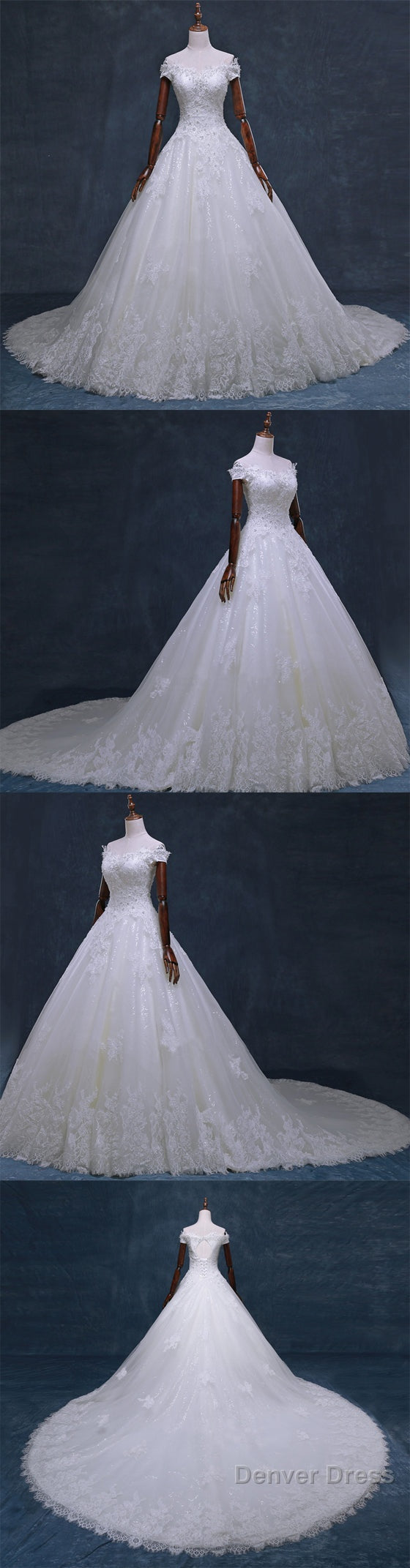 Gorgeous Off Shoulder Short Sleeve Lace Appliques Beading Sparkly Ball Gowns Cathedral Train Wedding Dresses