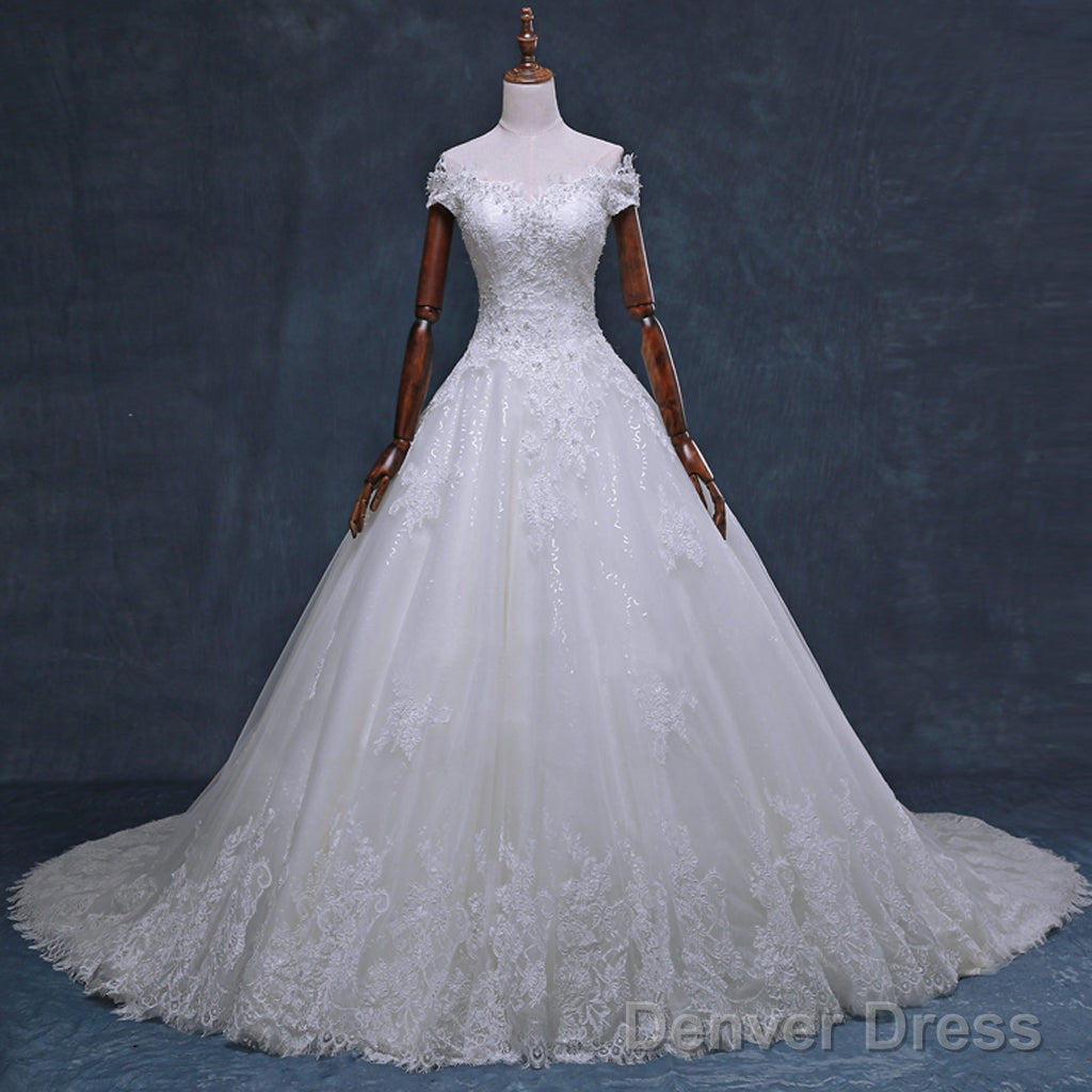 Gorgeous Off Shoulder Short Sleeve Lace Appliques Beading Sparkly Ball Gown Cathedral Train Wedding Dress Main image