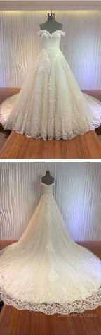 Gorgeous Off Shoulder Sweetheart Zip Up Long A-Line Lace Cathedral Train Wedding Dresses,