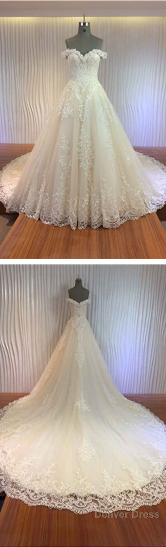 Gorgeous Off Shoulder Sweetheart Zip Up Long A-Line Lace Cathedral Train Wedding Dresses,