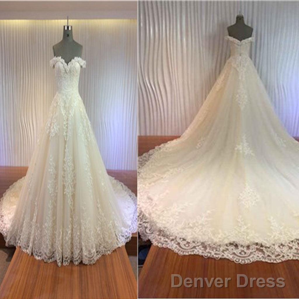 Gorgeous Off Shoulder Sweetheart Zip Up Long A-Line Lace Cathedral Train Wedding Dresses,