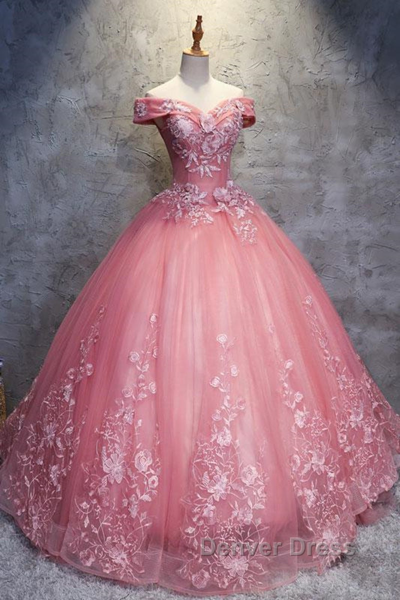 Gorgeous Off the Shoulder Pink Lace Appliques Long Prom Dress, Off Shoulder Pink Prom Dress, Pink Prom Dresses, Ball Gowns Secondary image