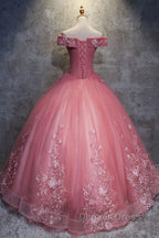 Gorgeous Off the Shoulder Pink Lace Appliques Long Prom Dress, Off Shoulder Pink Prom Dress, Pink Prom Dresses, Ball Gowns