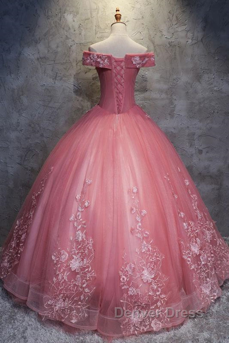 Gorgeous Off the Shoulder Pink Lace Appliques Long Prom Dress, Off Shoulder Pink Prom Dress, Pink Prom Dresses, Ball Gowns