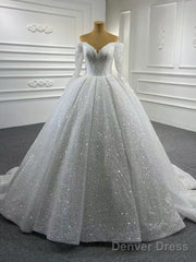 Gorgeous Off The Shoulder Sparkly Ball Gown Sequin Wedding Dresses With Sleeves