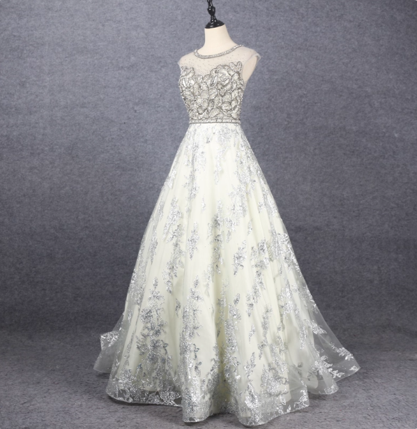 Gorgeous Off-White Crew Neck Beaded Embroidered Tulle Long Prom Dresses Evening Dresses Secondary image