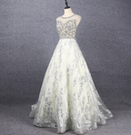 Gorgeous Off-White Crew Neck Beaded Embroidered Tulle Long Prom Dresses Evening Dresses