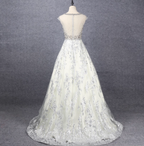 Gorgeous Off-White Crew Neck Beaded Embroidered Tulle Long Prom Dresses Evening Dresses