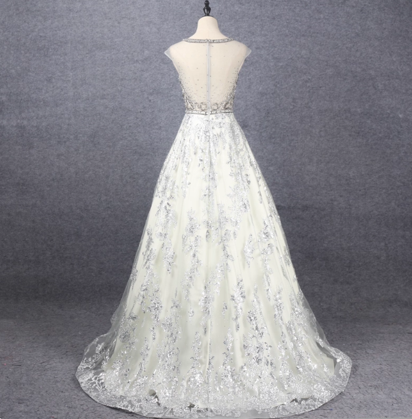 Gorgeous Off-White Crew Neck Beaded Embroidered Tulle Long Prom Dresses Evening Dresses