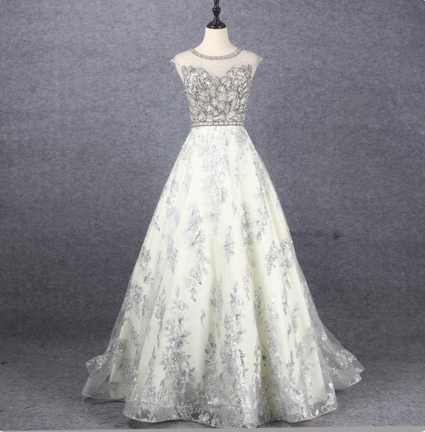 Gorgeous Off-White Crew Neck Beaded Embroidered Tulle Long Prom Dresses Evening Dresses Main image