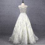 Gorgeous Off-White Crew Neck Beaded Embroidered Tulle Long Prom Dresses Evening Dresses