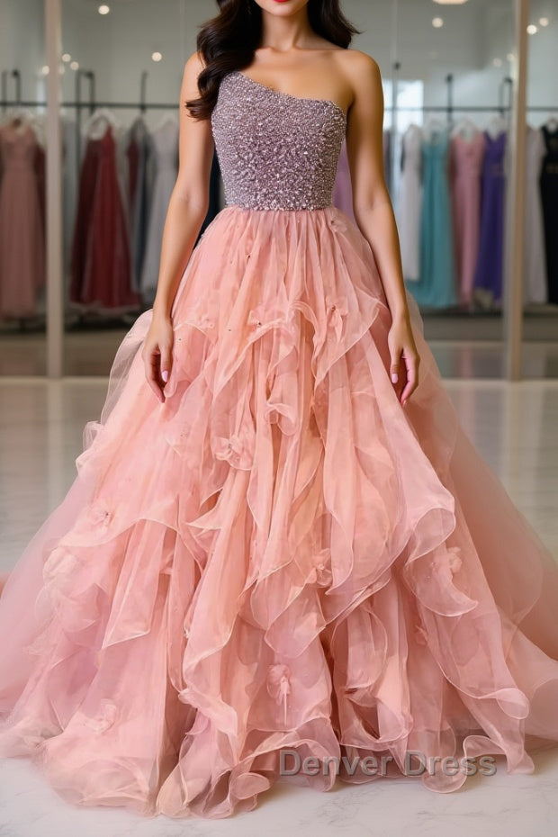 Gorgeous One Shoulder Beaded Pink Long Prom Dress, Fluffy Pink Prom Dresses, Beaded Ball Gowns