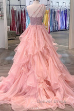 Gorgeous One Shoulder Beaded Pink Long Prom Dress, Fluffy Pink Prom Dresses, Beaded Ball Gowns